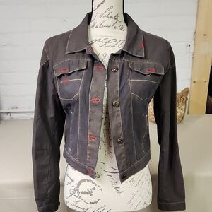 Women's Grey Distresed Denim Jacket Ecko Red Size Med